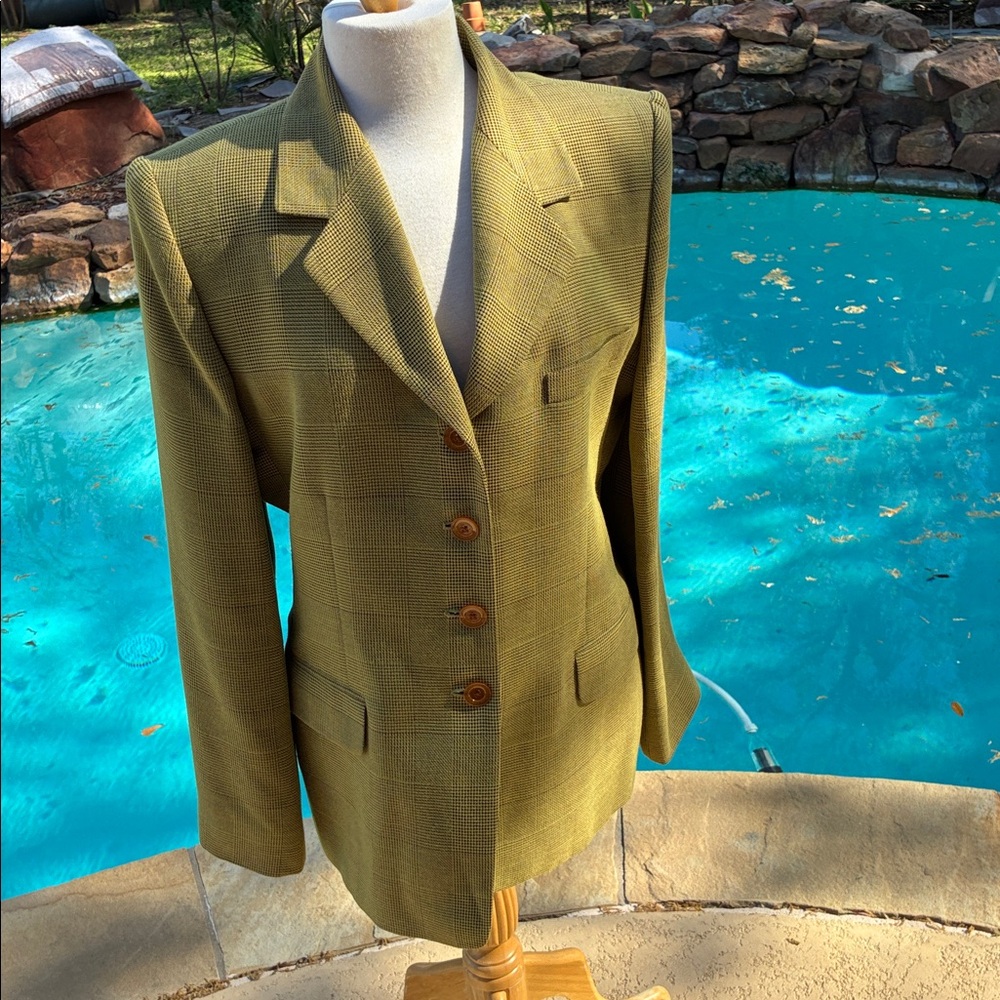 Linda Allard, Ellen Tracy Chartreuse Green Plaid Women's Blazer Jacket 12 - Picture 3 of 10